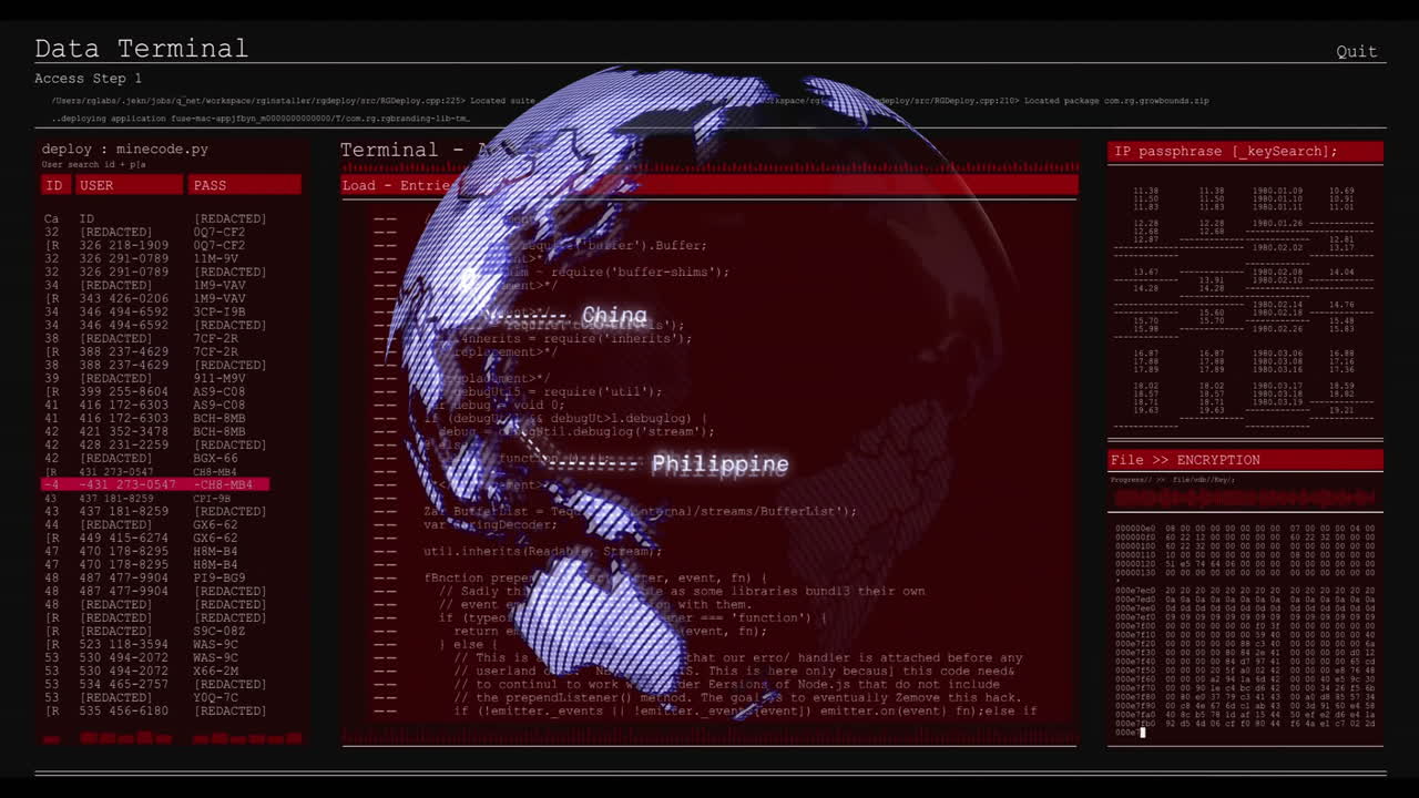 Digital globe animation over data terminal with code and country names displayed
