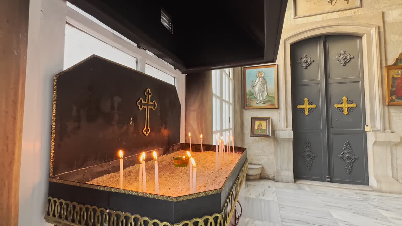 prayer, candle, cross in historical church