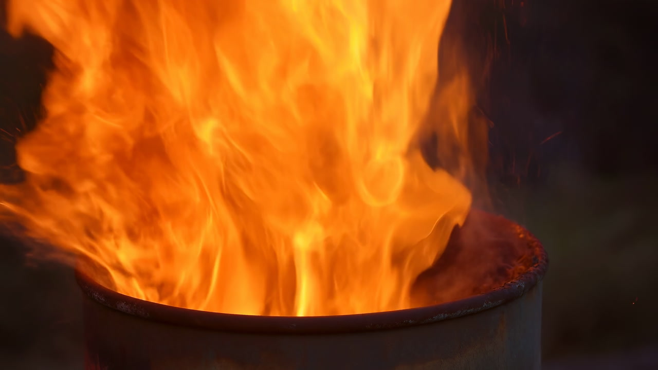 Roaring Barrel Blaze With Towering Flames, Closeup Of Blazing Drum With Flying Sparks And Molten Orange Fire,