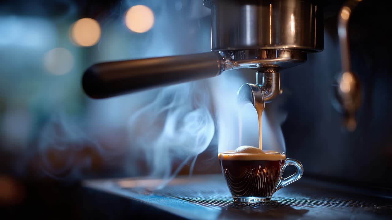 El vapor se eleva mientras un café intenso se vierte en una taza pequeña. La máquina zumba suavemente, constante y precisa. Un líquido oscuro fluye lento, cálido y aromático. La luz se posa sobre el metal, brillando delicadamente.