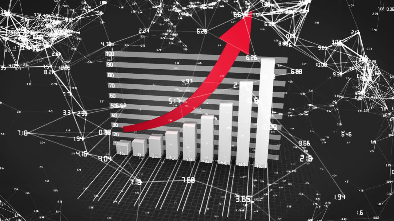 네트워크 연결에 대한 성장을 보여주는 빨간 화살표를 가진 바 차트 애니메이션