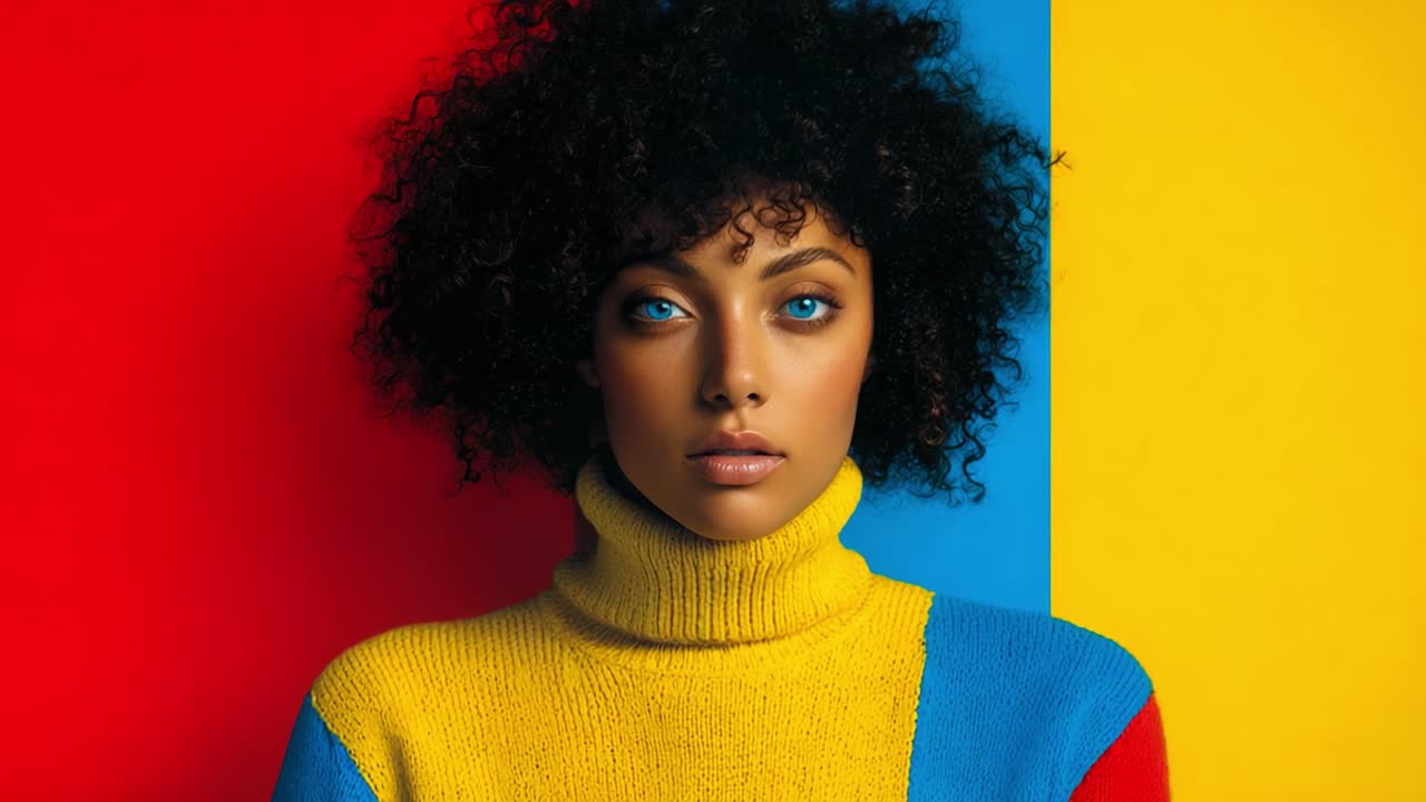 Stylish Portrait of a Young Woman with Curly Hair and Striking Blue Eyes, Set Against a Colorful Background of Red, Yellow, and Blue, Showcasing Modern Fashion and Artistic Expression