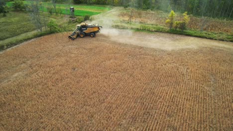 in wisconsin, a combine cuts and collects the soybean harvest