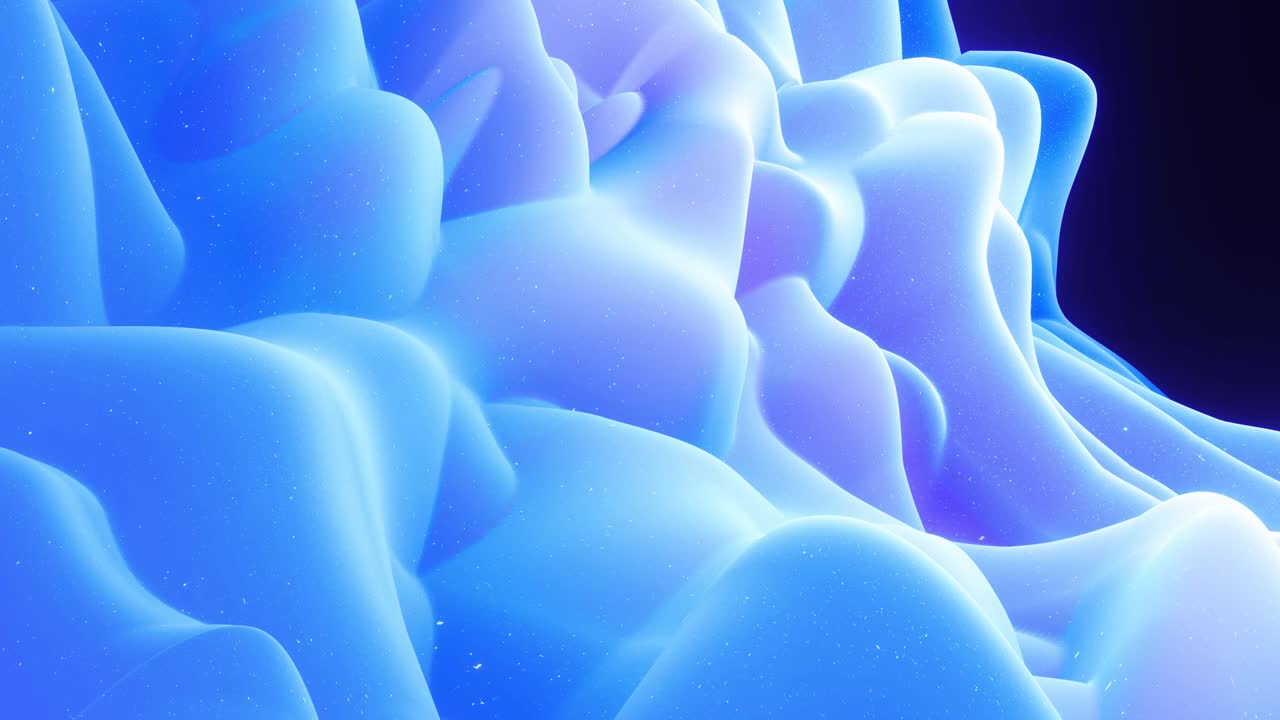 Abstract waves of soft blue matte material with light inner glow and glitters on morphing surface. Abstract geometric surface like landscape or terrain, extrude or displace 3d noise. Loop 4k