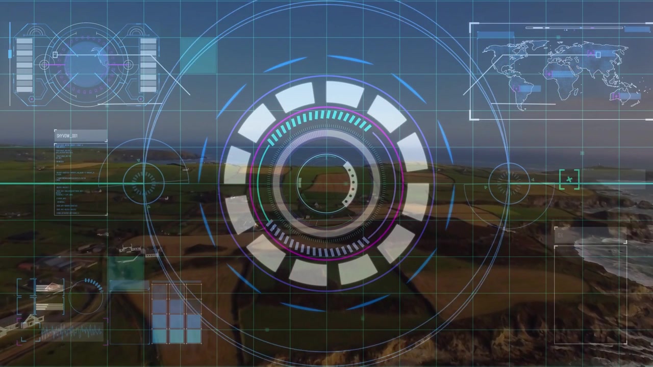 Futuristic Heads-Up Display Over Aerial Coastal Landscape