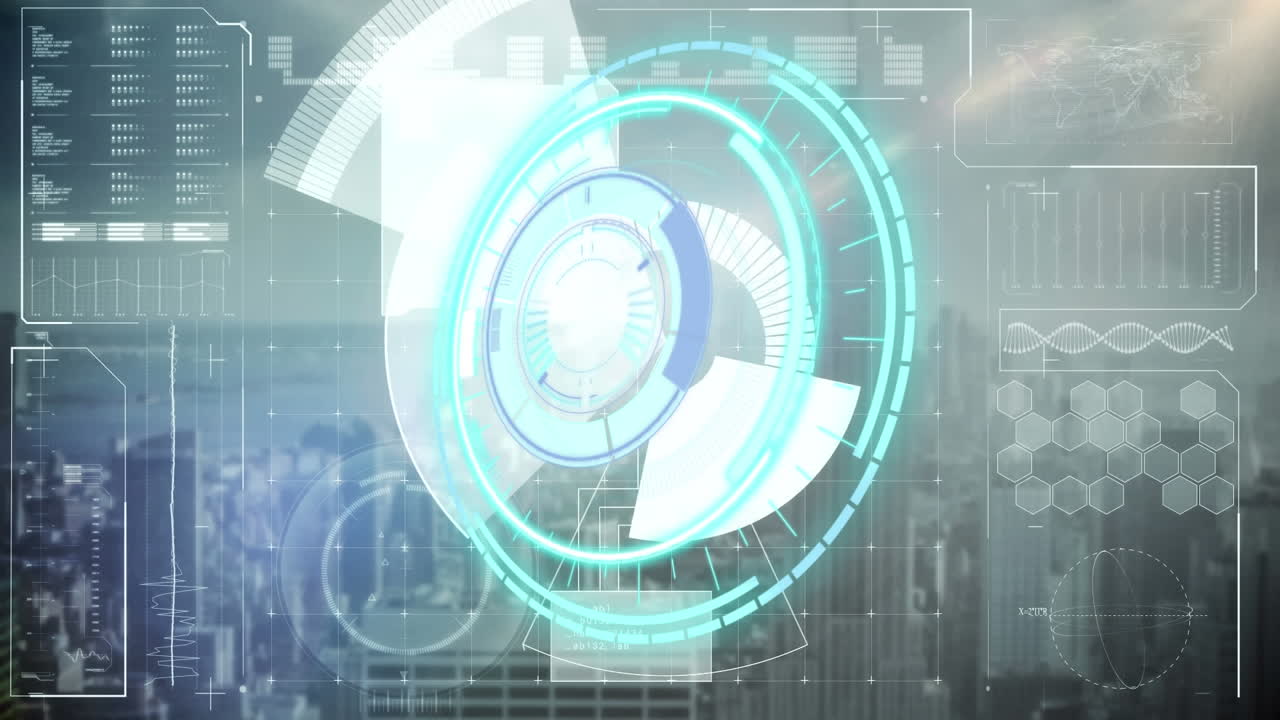 도시 풍경 위에서 회전하는 안전 잠금과 데이터 처리의 애니메이션