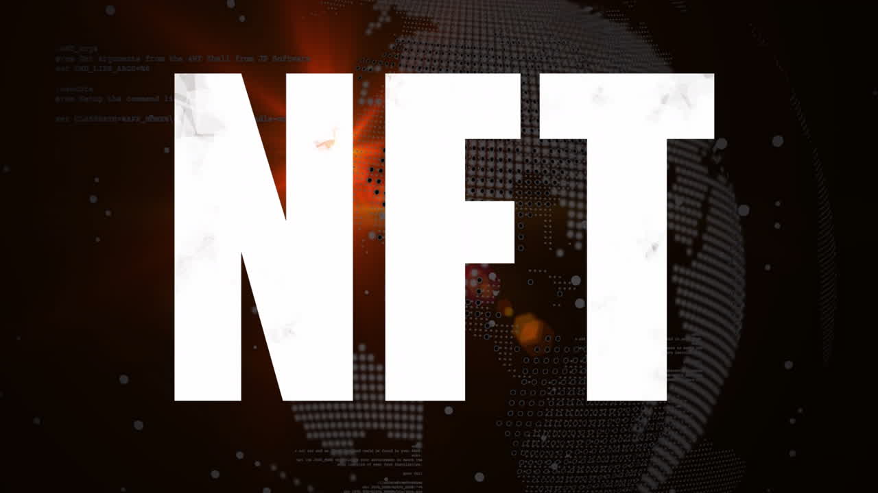 Animazione di globo digitale con testo NFT ed elementi astratti di visualizzazione dati
