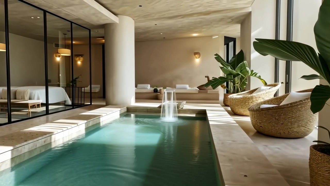 Interior de Lujoso Spa Moderno con Piscina Cubierta y Cascada