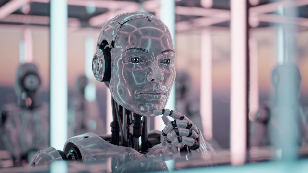 Robot futuristico in un ambiente moderno, con superfici riflettenti e illuminazione al neon, che cattura l'essenza della tecnologia avanzata e della robotica umanoide.