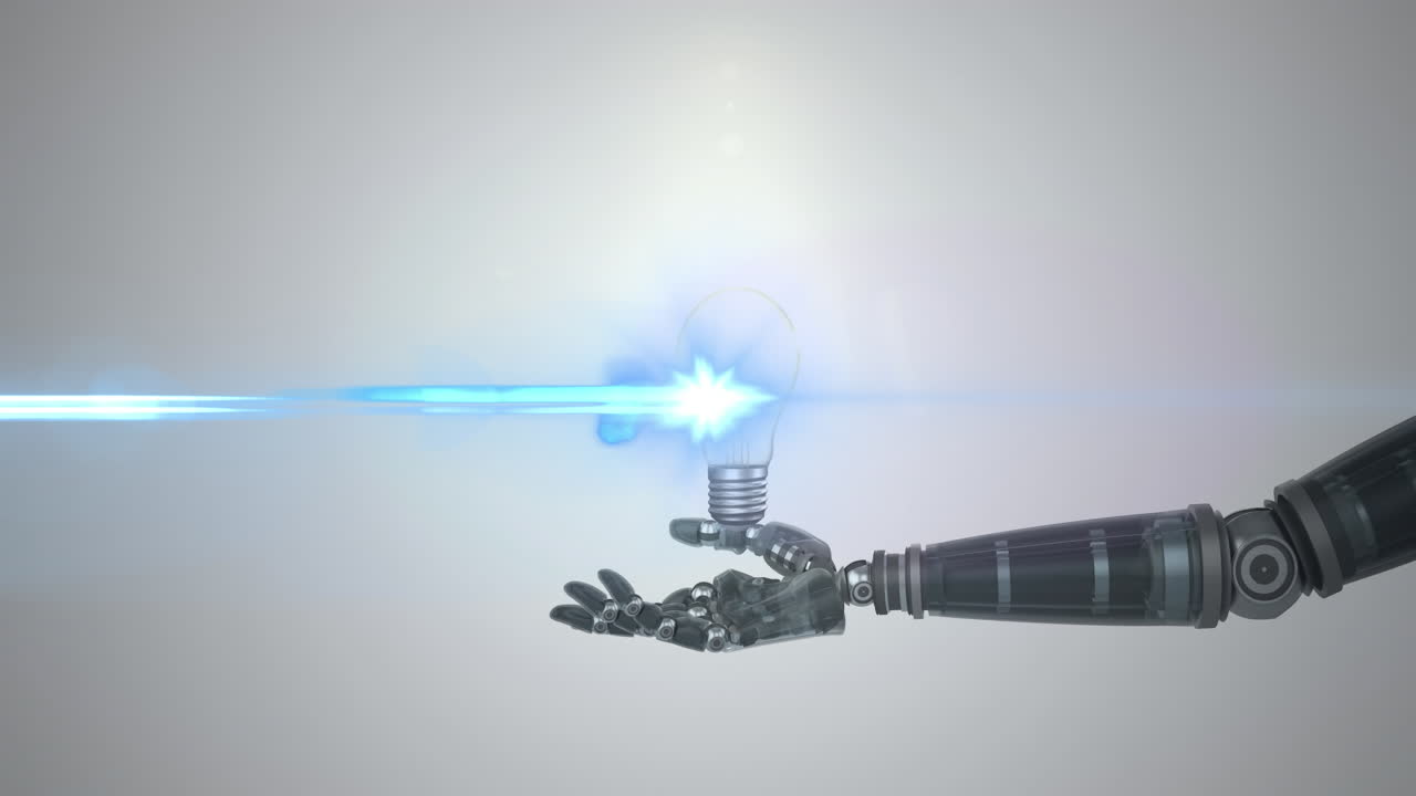 animación de una bombilla iluminada sobre la mano del brazo del robot, con luz en movimiento sobre un fondo gris