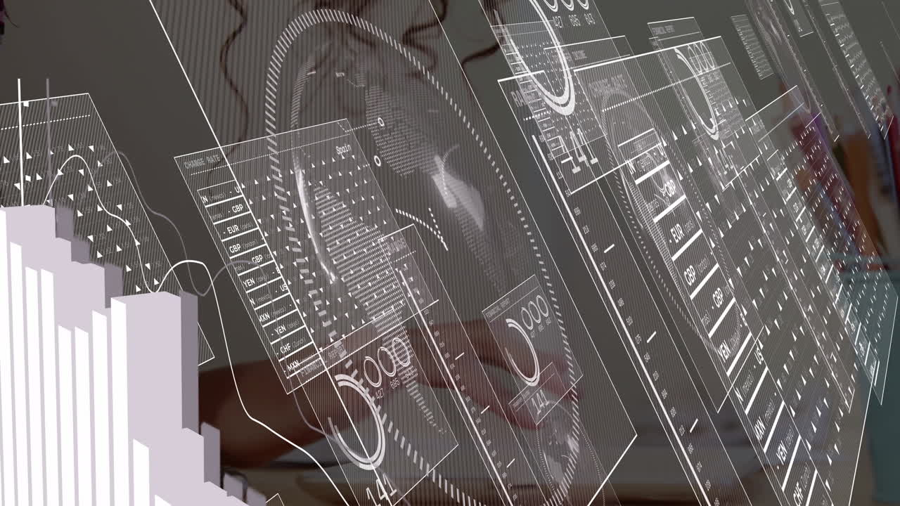 Hand typing on laptop while HUD panels displaying bar charts and world map floating in analytics