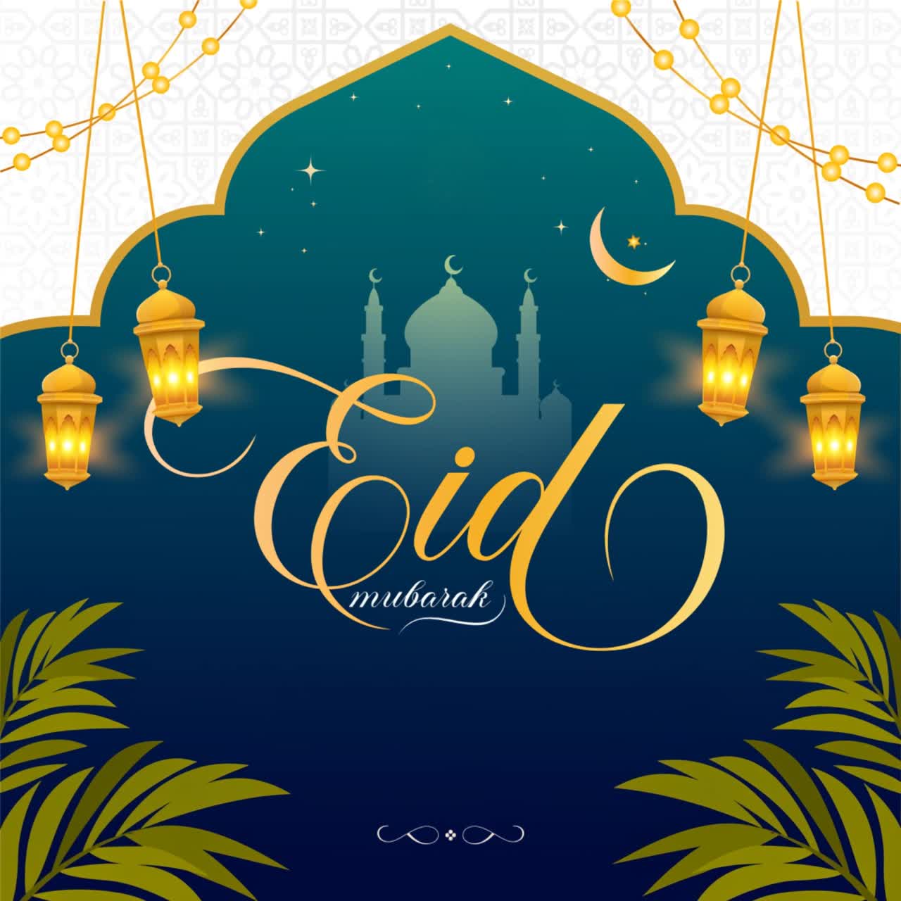 Animazione per post social media di auguri Eid Mubarak con lanterne pendenti e cornice ad arco su sfondo sfumato rosso.