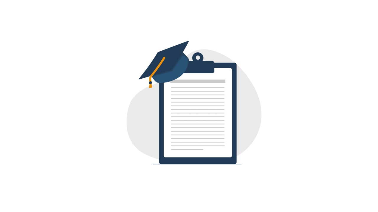Animated Graduation Cap Falling on Clipboard with Document