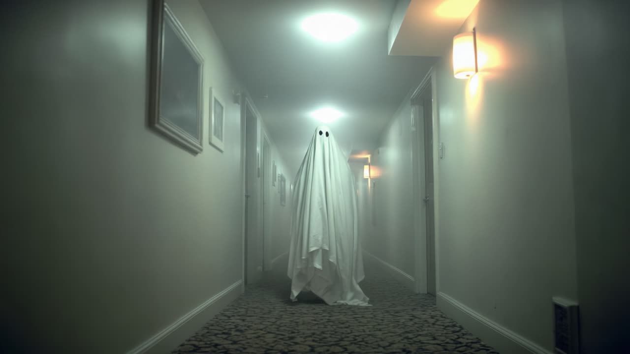 A spectral figure cloaked in white quietly haunts a dimly lit hotel corridor, creating an eerie atmosphere that sends chills down the spine of anyone who dares to glance