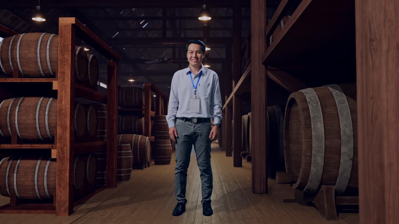 Full Body Of An Asian Male Professional Worker Standing In Cellar Of Winery, He Look At The Camera And Smiling