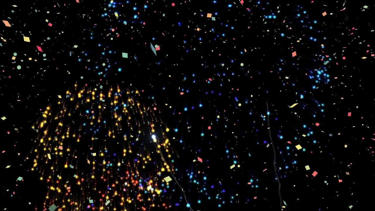 animación de fuegos artificiales coloridos que explotan y caen confeti sobre un fondo negro