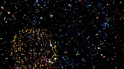 animation of colourful fireworks exploding and falling confetti on black background