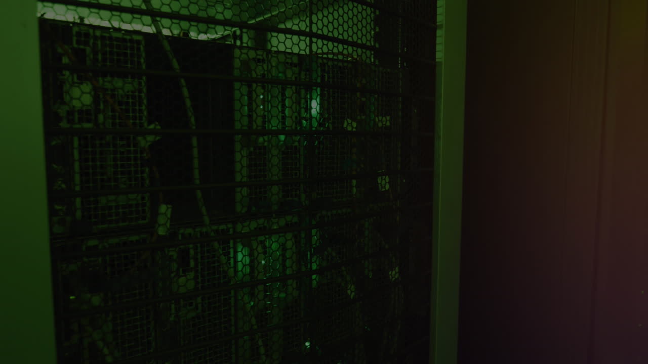 Animation of flash sale text and navigation pattern over data server systems in server room