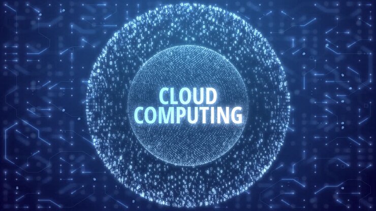 Cloud computing-koncept over en Matrix-sfære af tilfældige tal på en kredsløbsblå baggrund