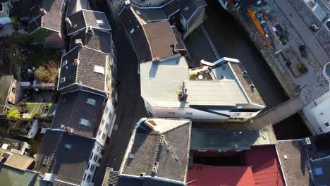 Top-down-aerial-view-over-residential-city-center-area-in-Stolberg,-Germany