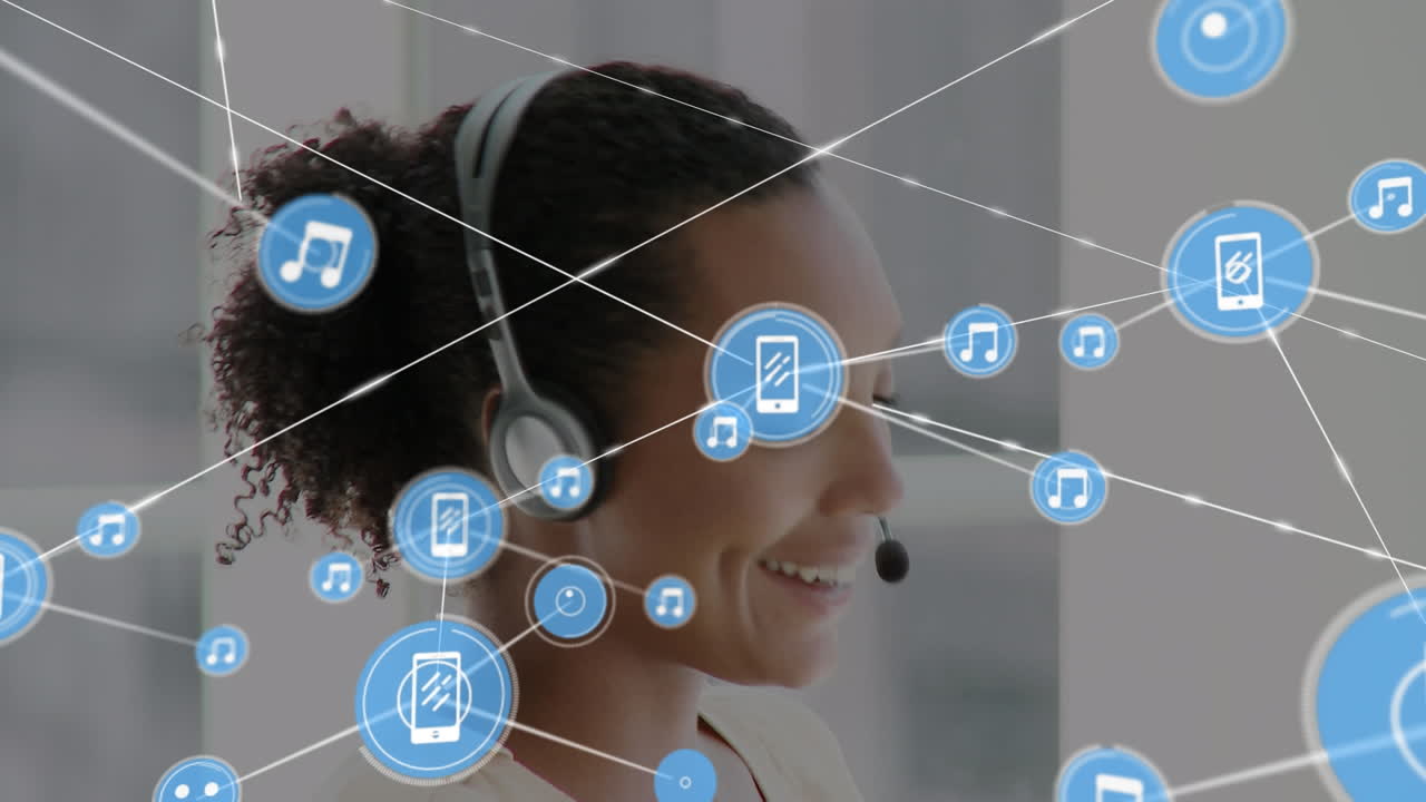 Animation of network of connections and icons over businesswoman wearing headset