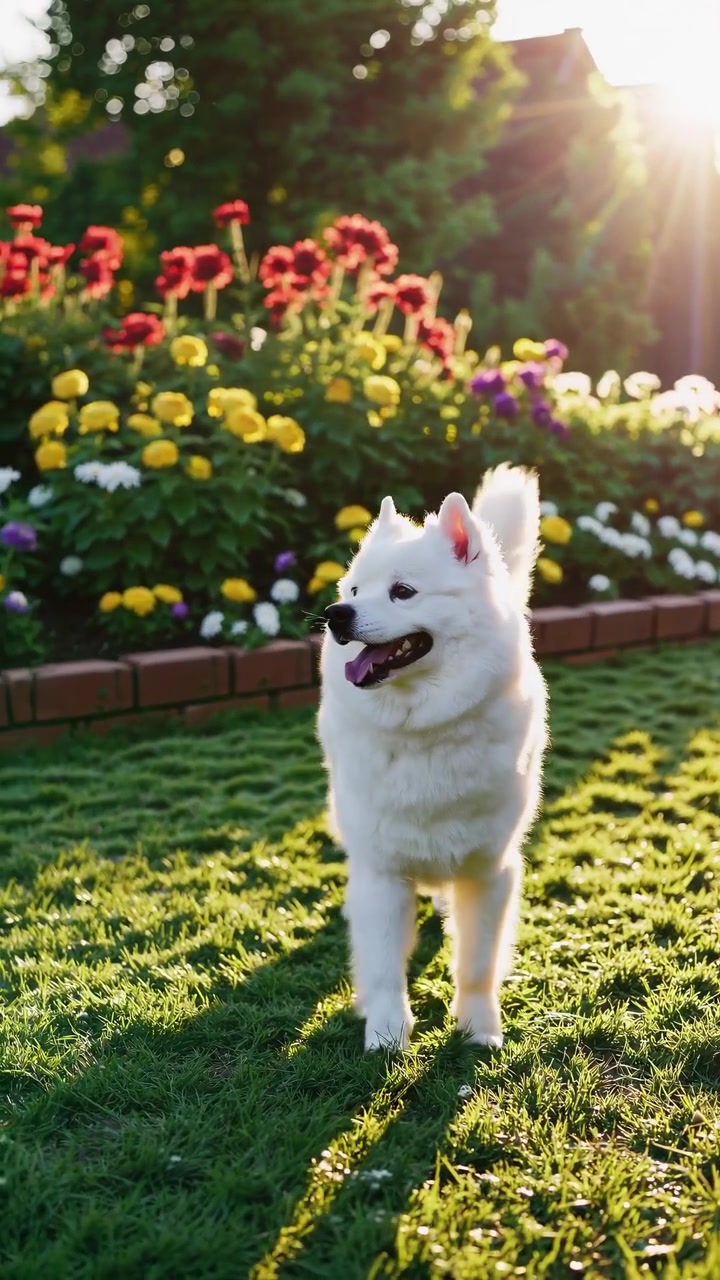 Güneşli Bir Bahçede Duran ve Yürüyen Tüylü Beyaz Köpek