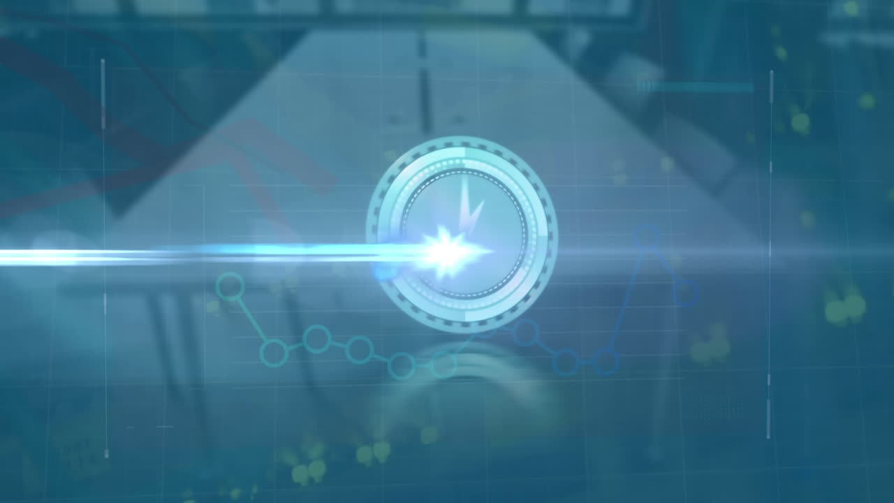 Animation of moving clock and financial data processing over empty office