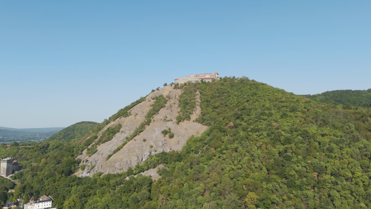 Aerial view of Visegrád Citadel on a hill
