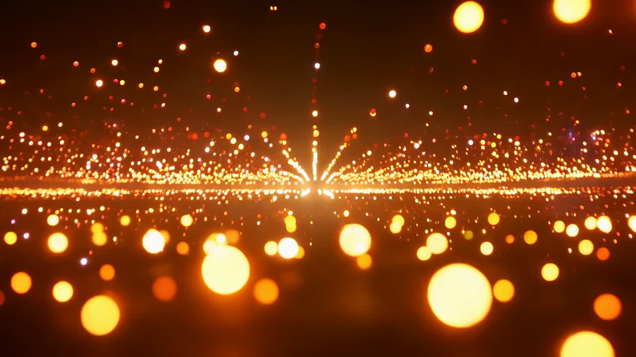 Brightening vanishing point pulling glowing orbs toward bright horizon with warm amber bokeh column