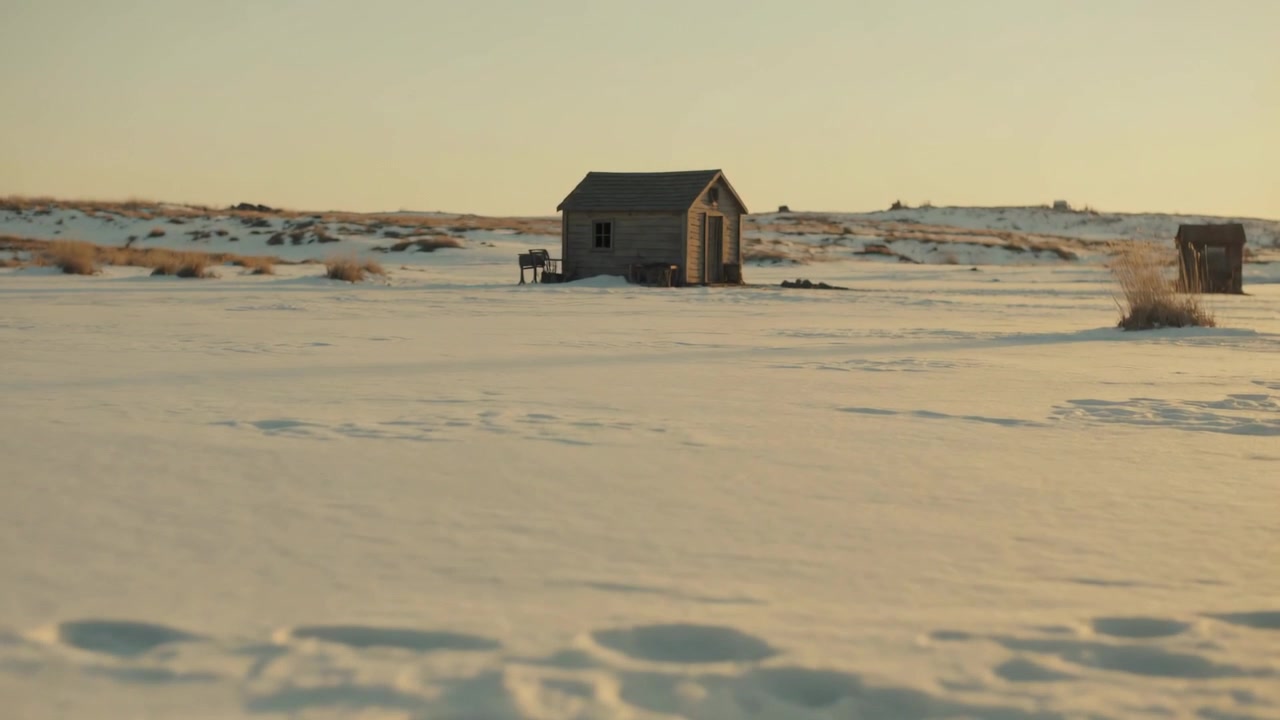 Panning camera moving away from rock pile, centering wooden shack across snow-covered plain