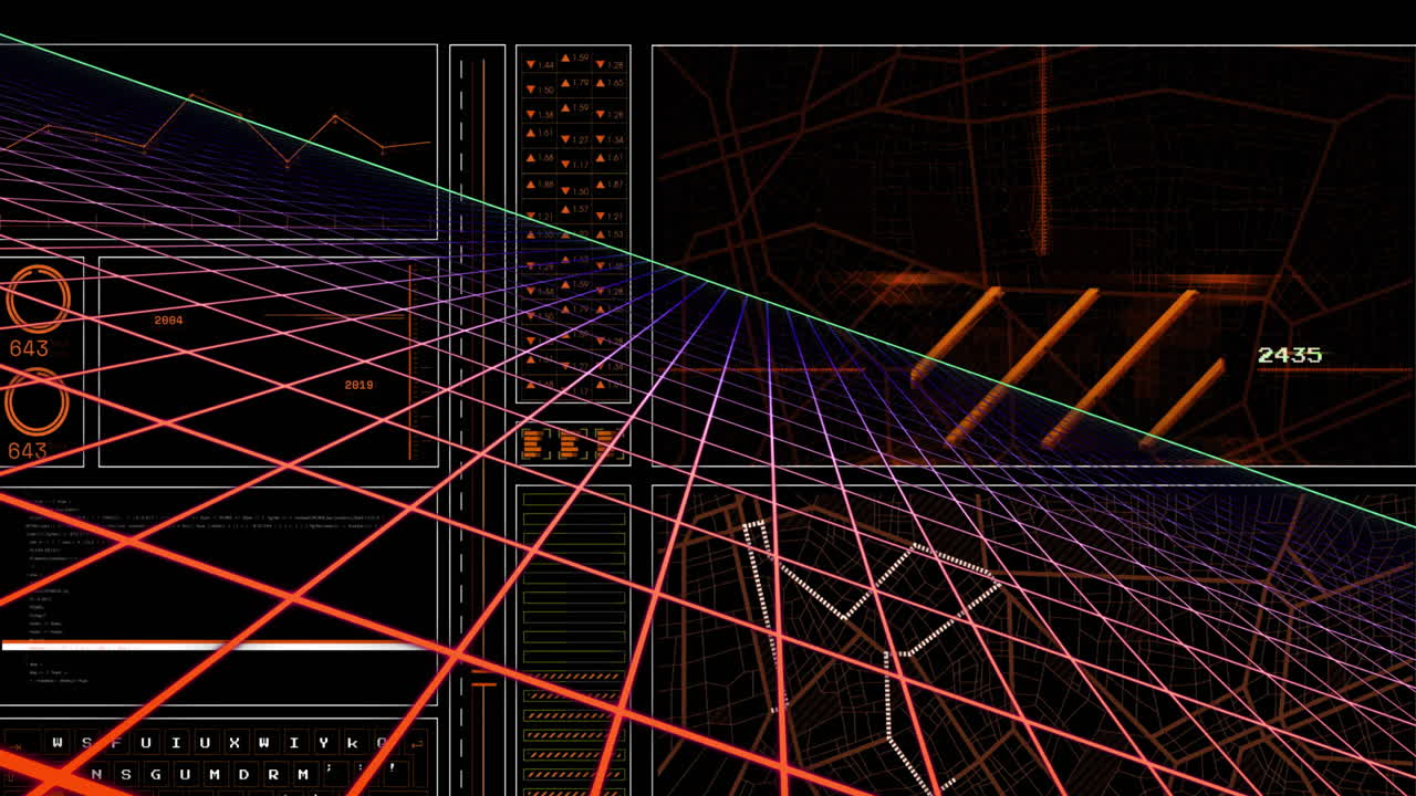 Animation of graph, loading circles, navigation pattern over grid pattern against black background