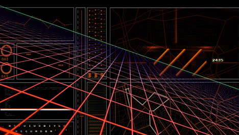 Animation of graph, loading circles, navigation pattern over grid pattern against black background