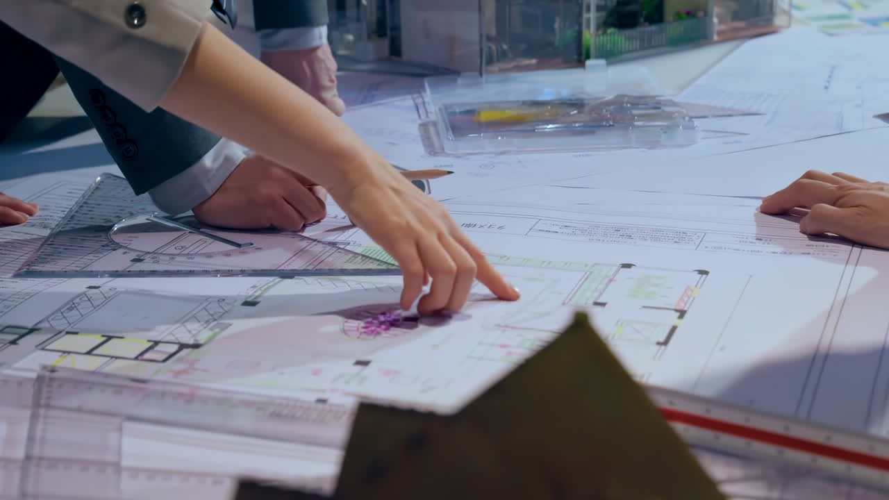 Top down view of architects reviewing blueprints and brainstorming idea about house project in modern office