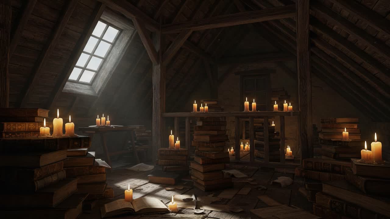 A Mysterious Attic Filled with Flickering Candlelight and Stacks of Ancient Books, Highlighting an Enigmatic Atmosphere Perfect for Exploration and Discovery