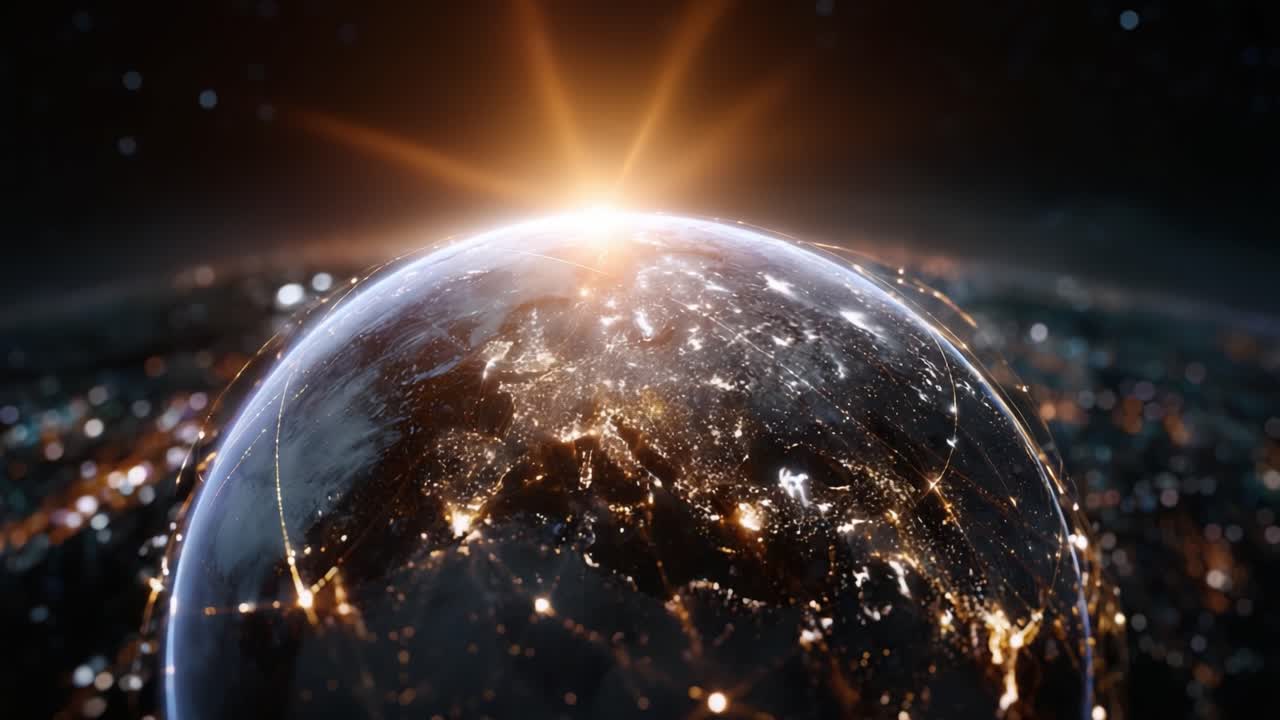 Stunning view of Earth from space during sunrise, showcasing the vibrant lights of cities and the intricate connections of the world's infrastructure and technology