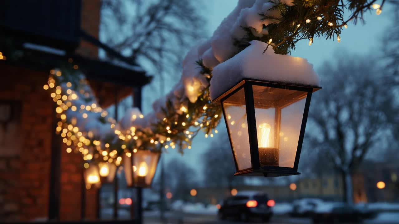 A Beautiful Winter Scene Featuring Warm Lanterns Illuminated Against a Snowy Backdrop, Capturing the Magic of the Season with Twinkling Lights and Cozy Atmosphere in a Serene Urban Setting