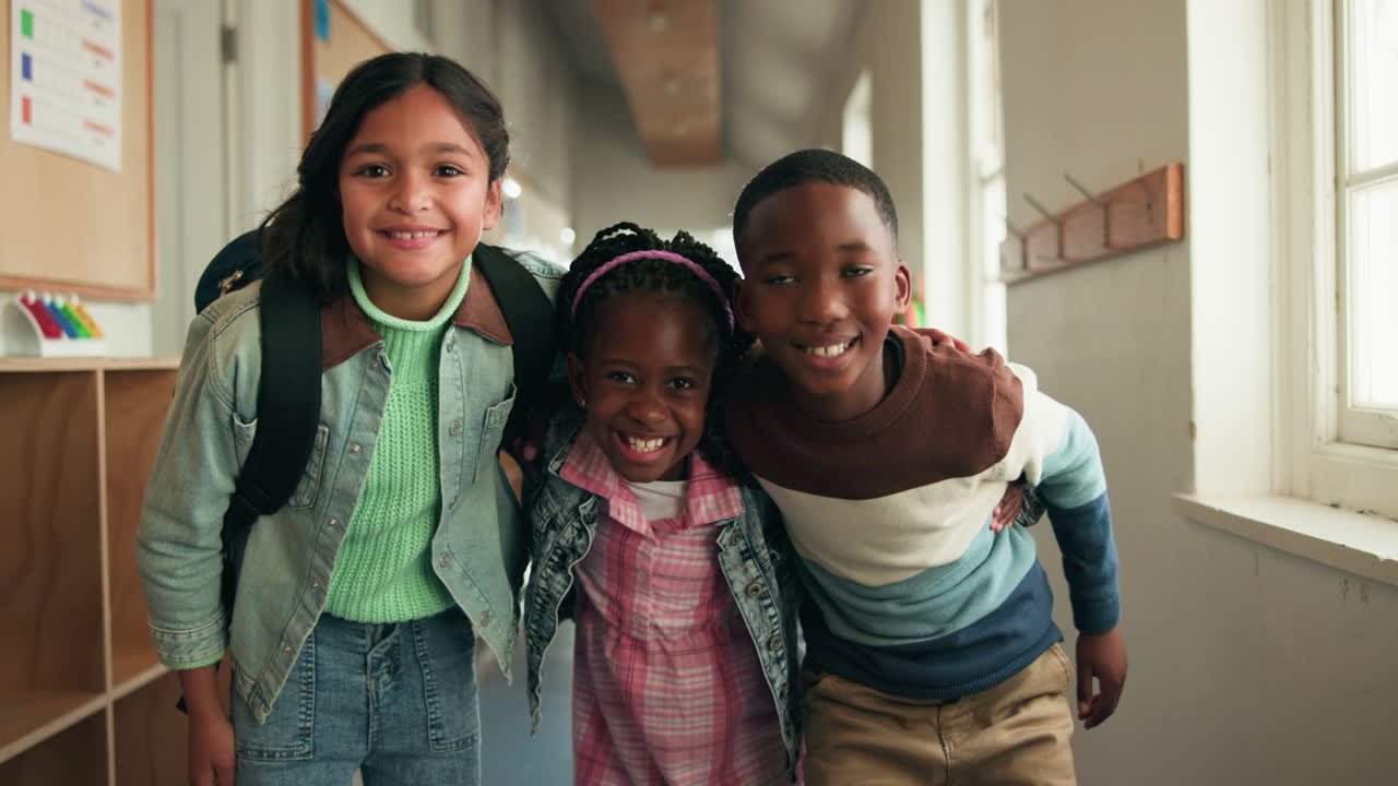 Group of Diverse School Children Smiling in School Hallway