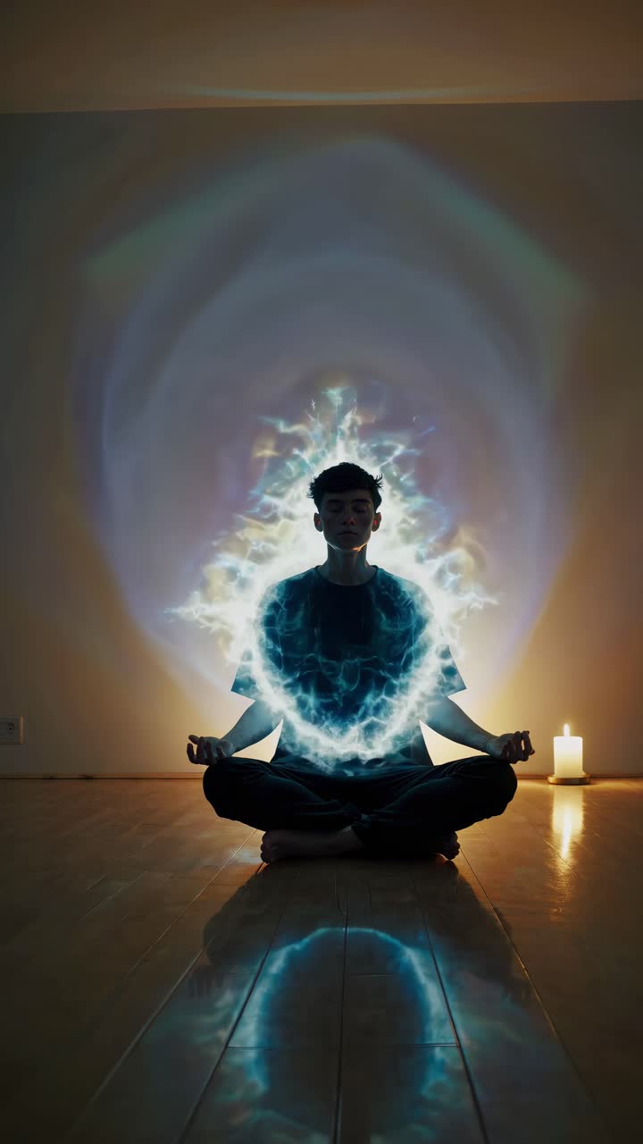 Meditative silhouette showing young male figure sitting cross legged, practicing mindfulness near glowing candle, blue ethereal light surrounding peaceful pose