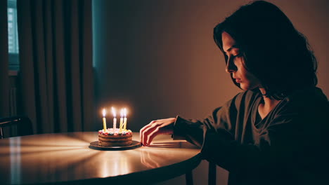 a young woman sitting alone with a birthday cake