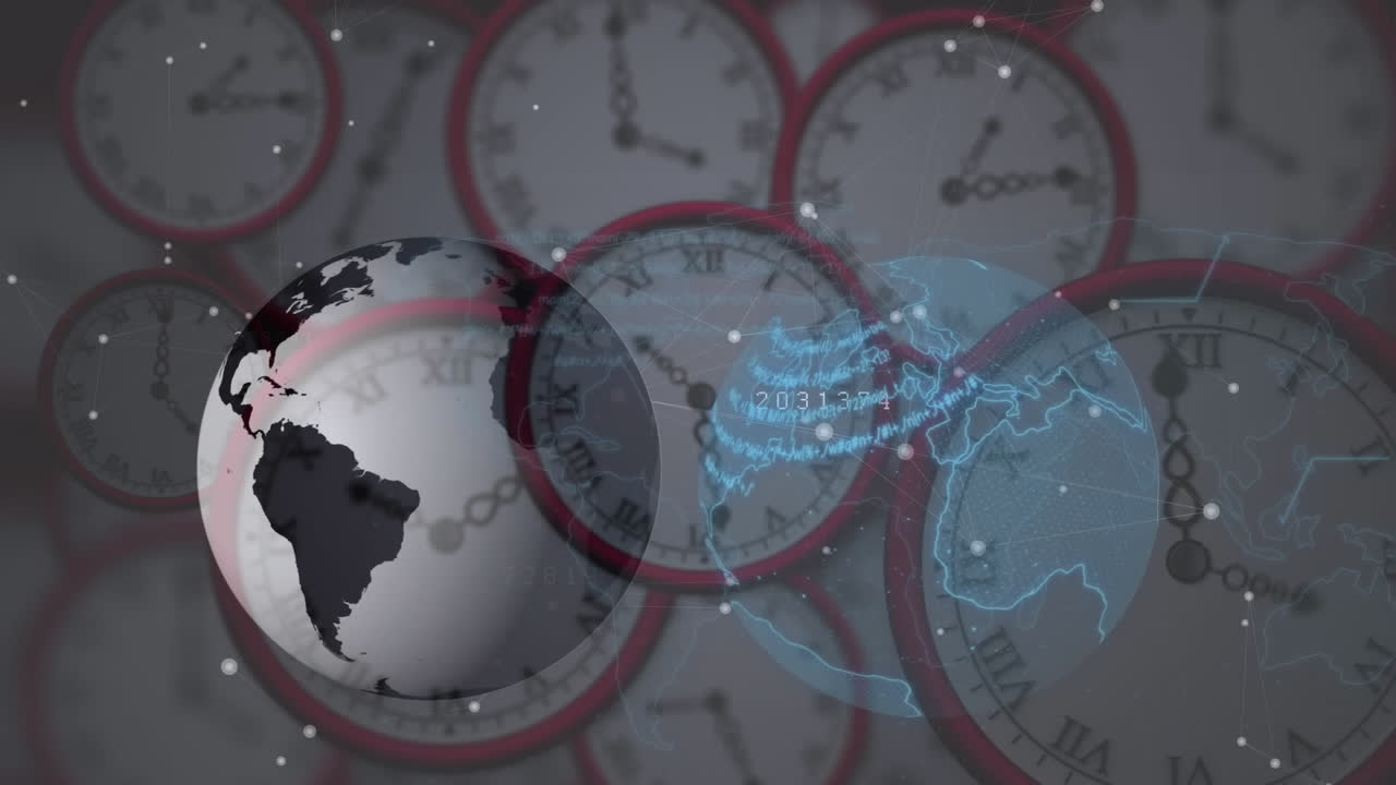 animación del globo con red de conexiones y procesamiento de datos a través de relojes