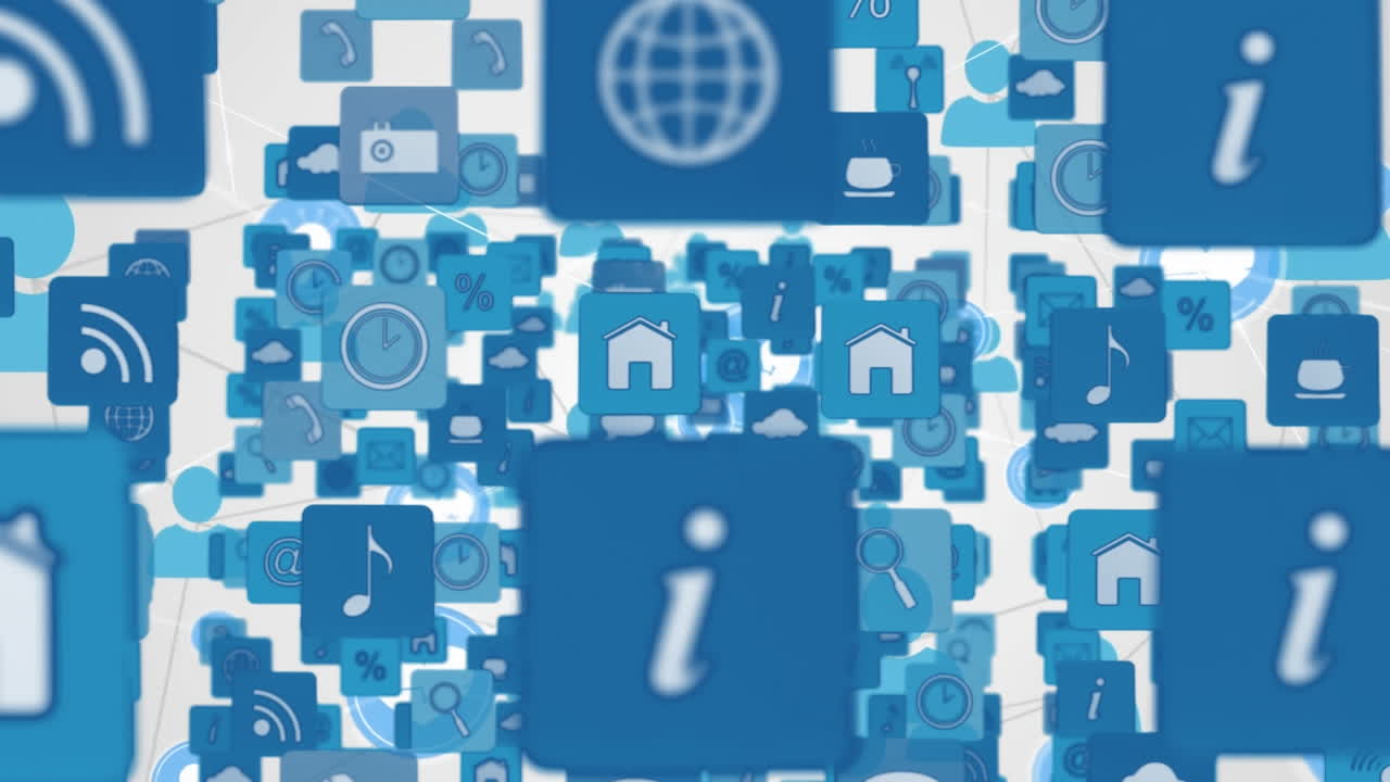 회색 배경에 프로필 아이콘의 네트워크에 떨어지는 여러 디지털 아이콘의 애니메이션