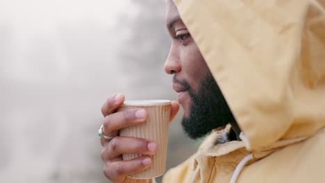 coffee cup, nature and face of black man relax