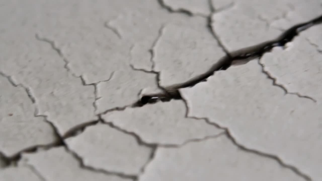 Sitting dark bead in macro elongating beading reforming and flowing left along pale flaky cracks