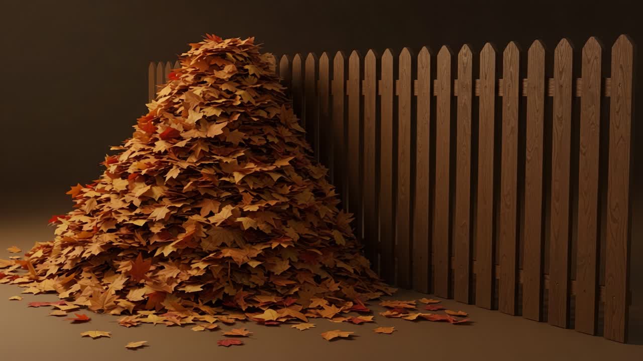 Autumn Wonder: A Stunning Display of Vibrant Orange and Yellow Leaves Piled High Against a Wooden Fence in a Serene Fall Setting
