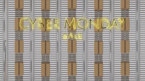 animation of cyber monday sale text over cardboard boxes on conveyor belts