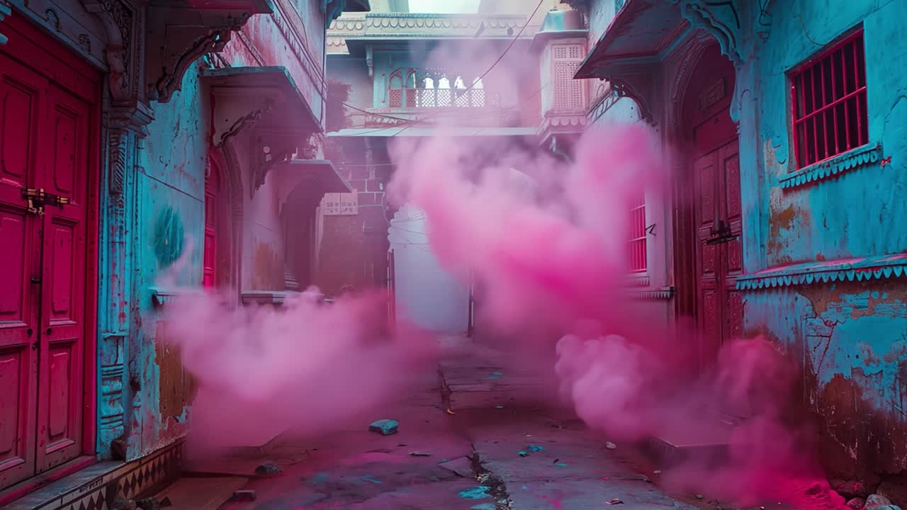 Vibrante nuvola di polvere rosa in un colorato vicolo indiano durante l'Holi