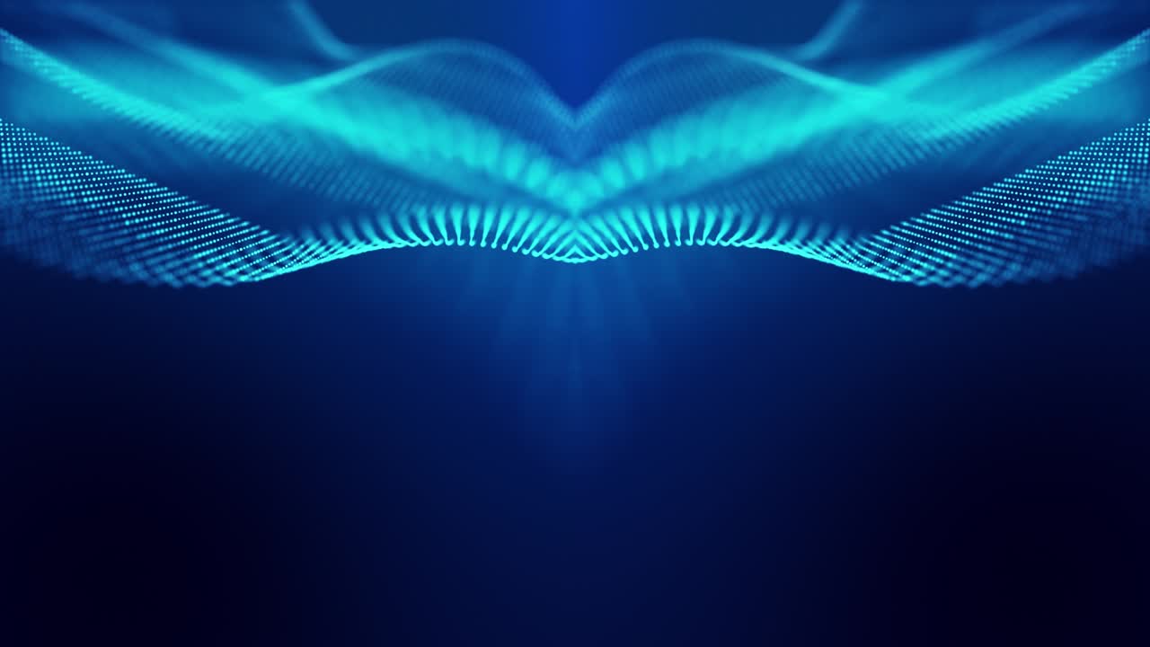 Sci-fi abstract theme with particle mirror waves. 4k looped abstract blue background of glow particles form curved lines, surfaces simmetrical structures. Digital bg with particle hologram.