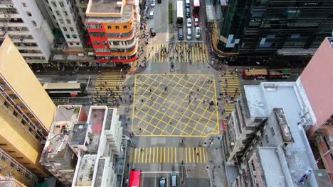 Downtown-Hong-Kong-buildings,-Crosswalk-and-traffic,-High-altitude-aerial-view