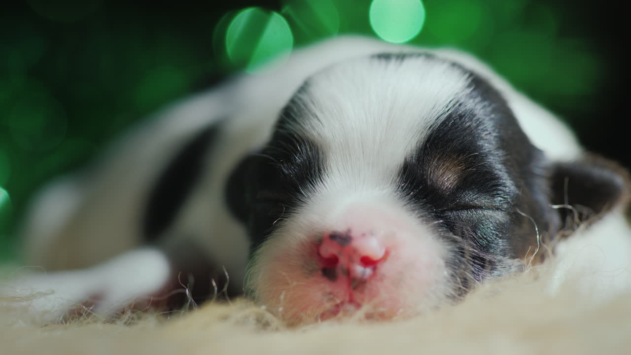 cachorro recién nacido duerme contra un telón de fondo de decoraciones navideñas 02