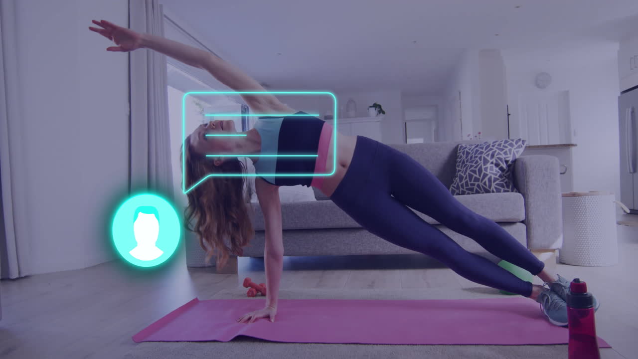 Woman doing side plank with digital chat icon animation overlay at home